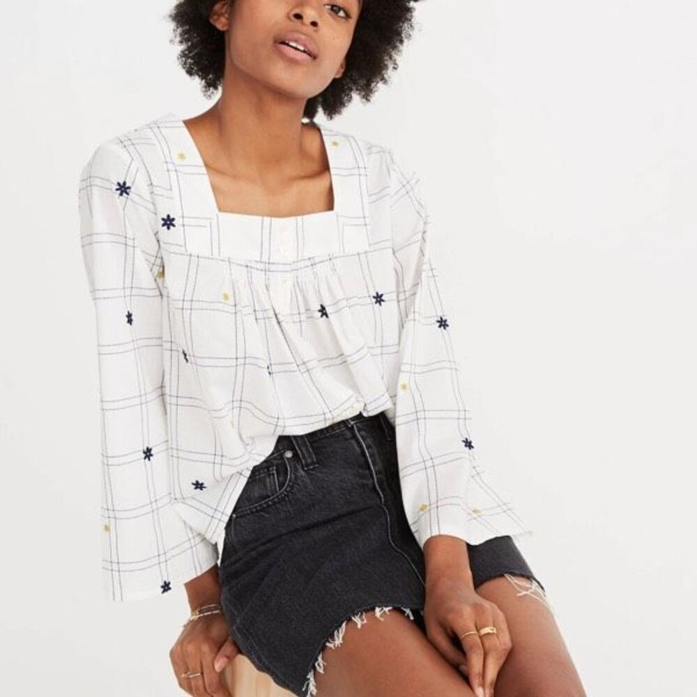 Madewell Embroidered Windowpane Square-Neck‎ Button-Down Top White White Wash XS